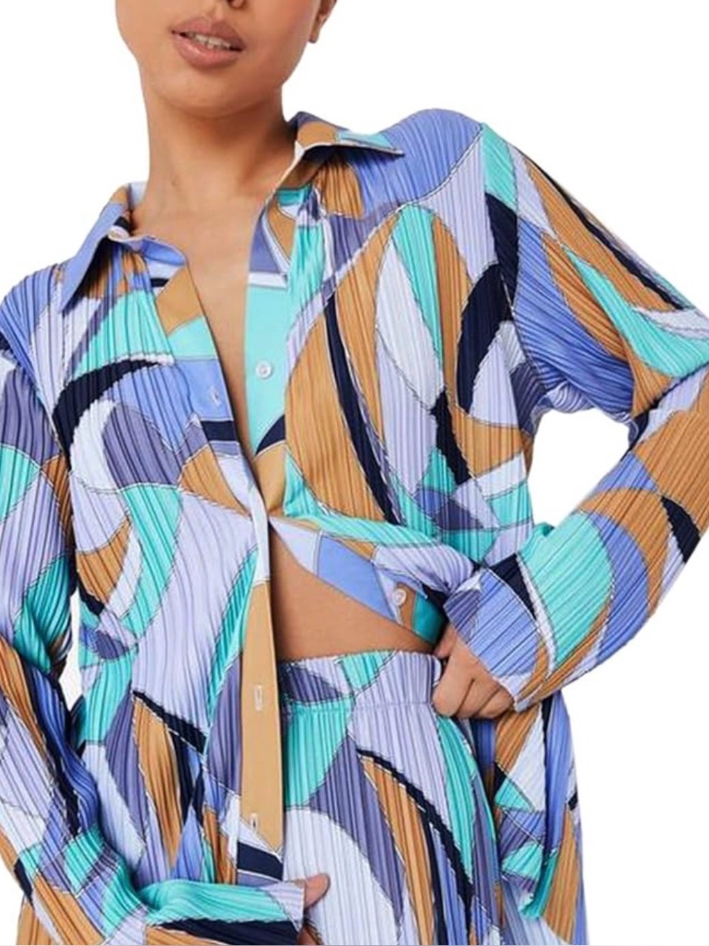 Colorful Geometric Button-Up Blouse